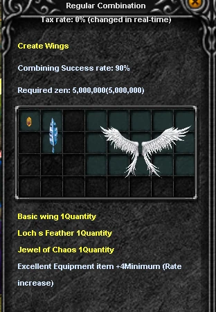 Combinación de Wing Level 1, Loch Feather y Jewel of Chaos para crear Alas Evo 2