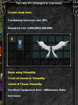 Combinación de Wing Level 1, Crest of Monarch y Jewel of Chaos para crear una capa