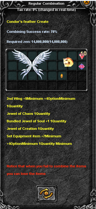 Receta de Condor Feather en la Chaos Machine con los materiales requeridos