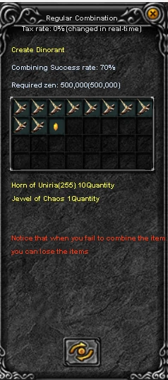 Combinación de diez Horn of Uniria y un Jewel of Chaos para crear Dinorant